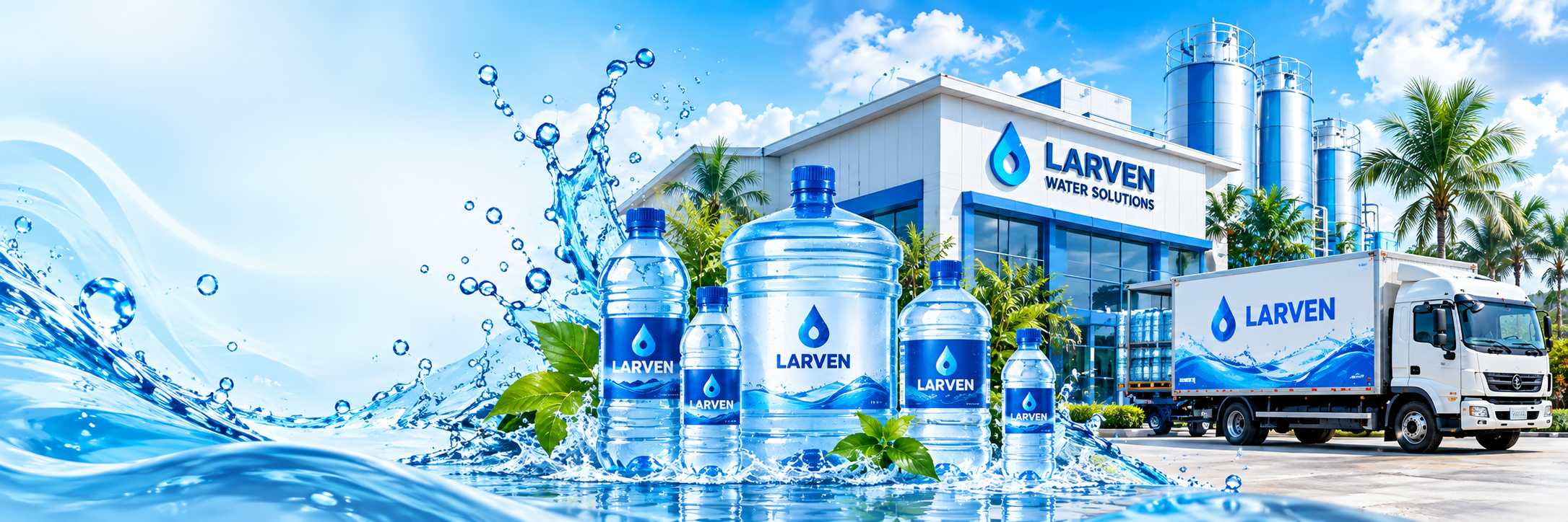 LARVEN water bottles, water plant and delivery truck